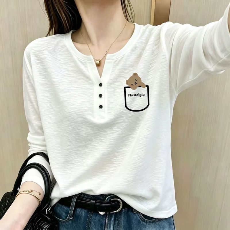 Bamboo Cotton Half-Open Collar Button-Down Long-Sleeve T-Shirt for Women, Early Autumn New Style, Loose Fit, Plus Size, White Long-Sleeve Top
