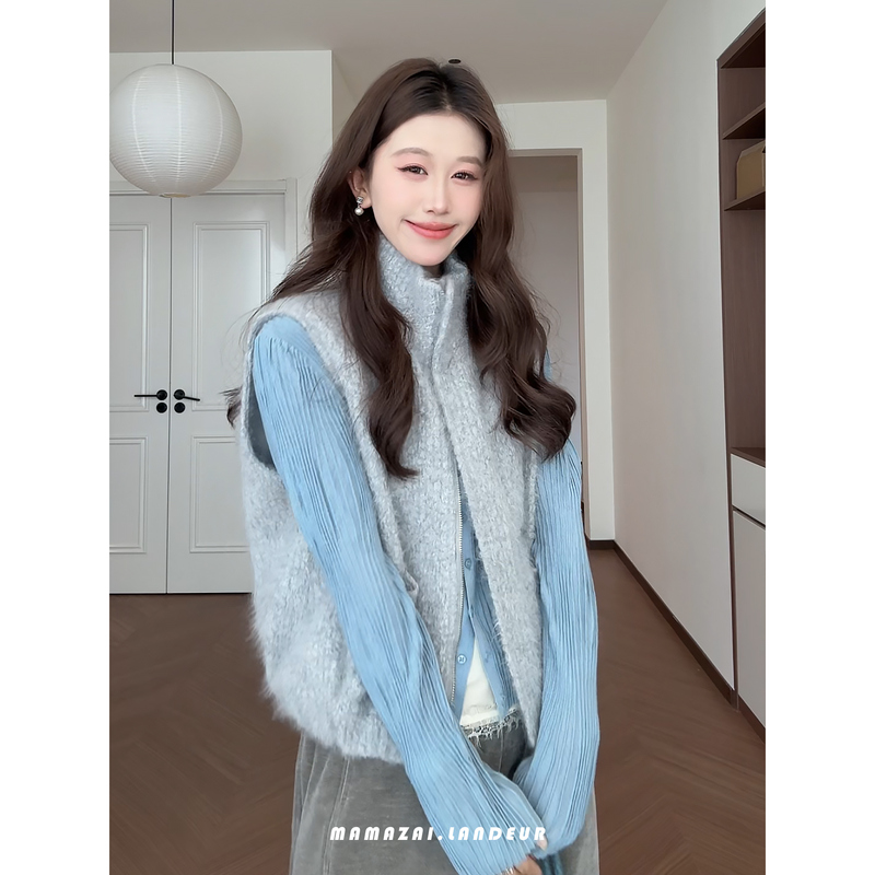 Mama Zai [Milk Mist Peach] Sheep Wool Cashmere Old Money Style Design Layered Sleeveless Vest for Women