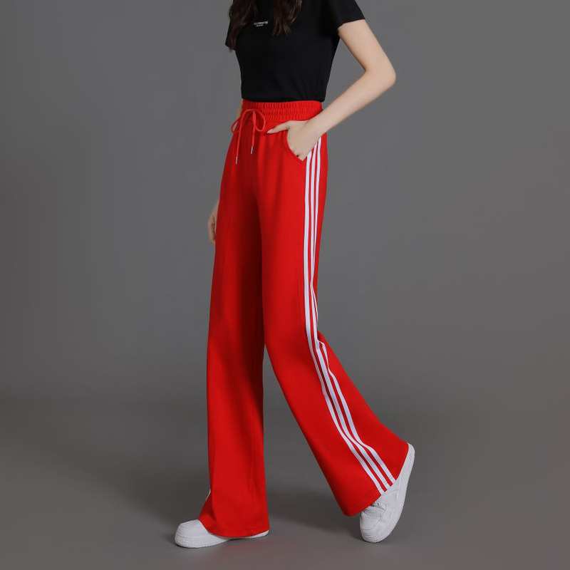 2025 Red Spring and Autumn New Style Women's High-Waisted Loose Slimming Casual Flared Three-Stripe Square Dance Long Pants