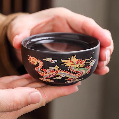 Heat-changing purple clay tea cups, master cups, tasting cups, dragon and phoenix retro tea cups, kung fu tea sets, home couple cups