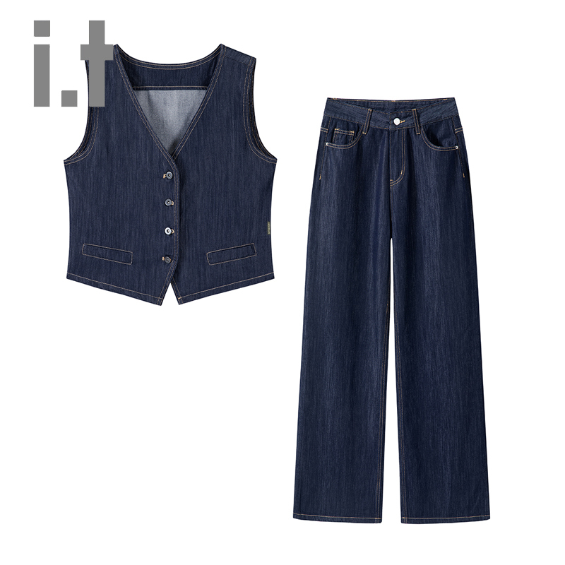 It:Chocoolate Summer New Denim Two-Piece Set Women's Straight Loose Jeans Casual Fashion Vest It:Chocoolate Summer New Denim Two-Piece Set Women's Straight Loose Jeans Casual Fashion Vest