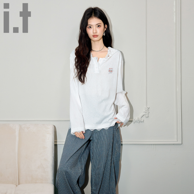 It:Chocoolate Lace Patchwork Hooded Sweatshirt for Women, Spring and Autumn, Loose Fit, Age-Reducing, Casual, Versatile, Slimming T-Shirt