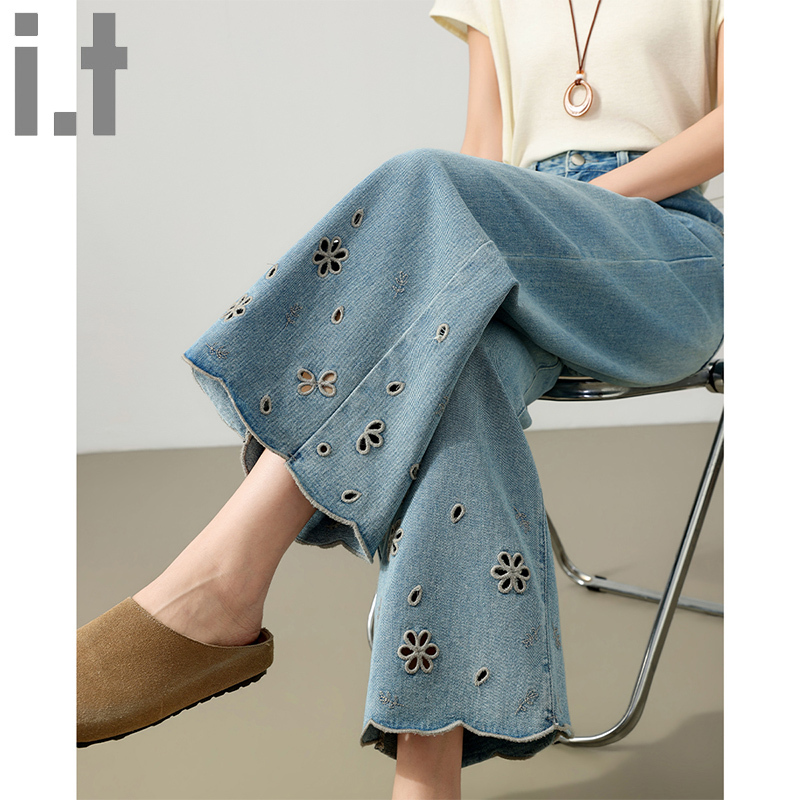 It:Chocoolate High-Waisted Jeans for Women with Plant and Floral Patterns, Loose Casual Wide-Leg Pants with a Slimming Effect