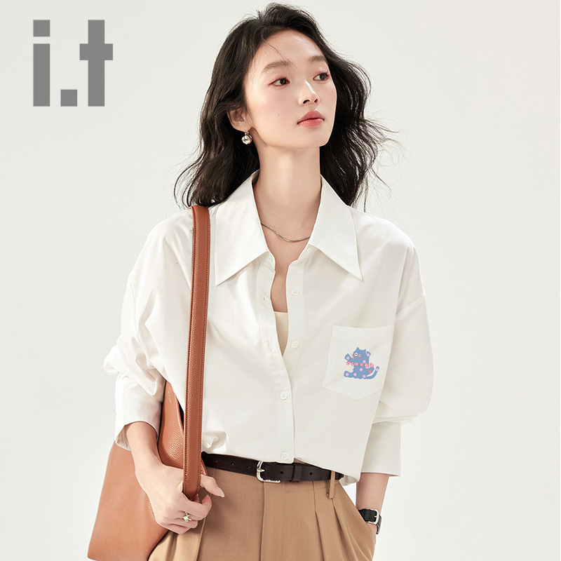 It Ccaabb White Women's Colorful Dragon Long-Sleeve Shirt Casual Sweet Korean Style Versatile Fashion Shirt