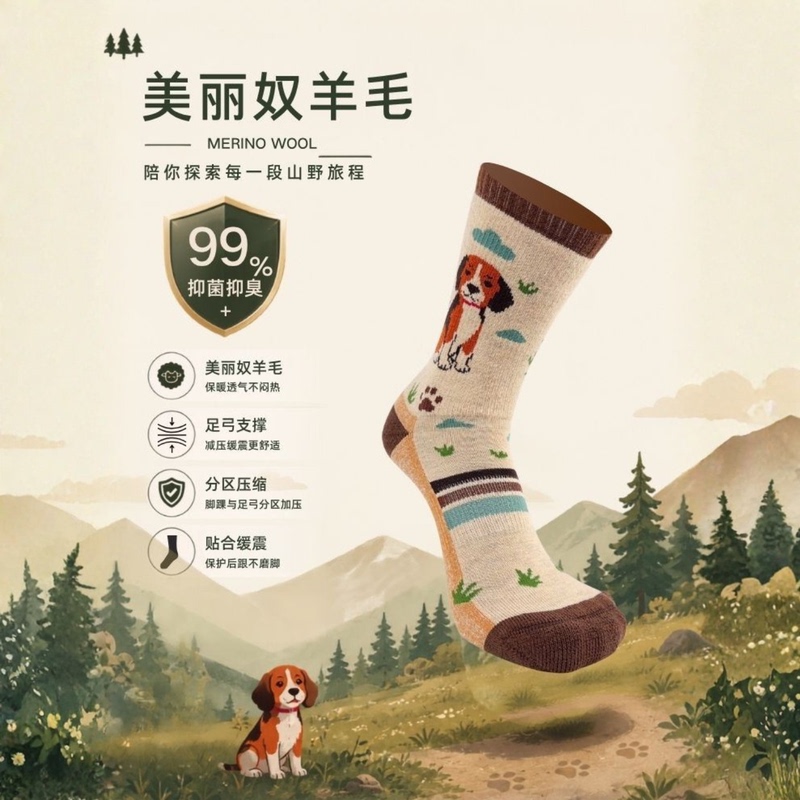 Soxpure【Walking Beagle】Full Shock-Absorbing Wool Socks for Hiking, Trail Running, Temperature-Regulating Cute Dog Hiking Socks
