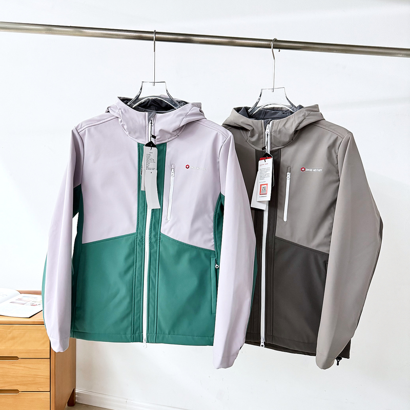 Swiss High-Tech Lightweight All-Weather Warm Autumn and Winter Men's Outdoor Casual Color-Blocked Hooded Fleece-Lined Softshell Jacket