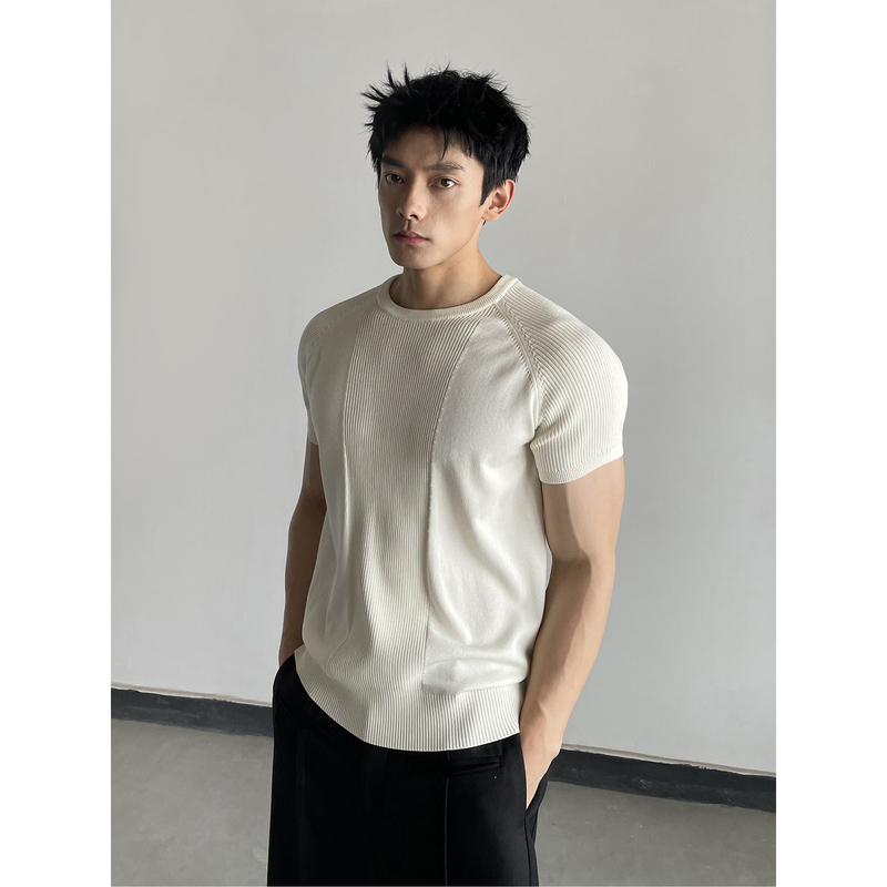 Day Ny Patchwork Slim-Fit Knit Short-Sleeve Top with Cuffed Sleeves, American-Style Ribbed Texture, Fitness Top, Inner Layer T-Shirt Tee Day Ny Patchwork Slim-Fit Knit Short-Sleeve Top with Cuffed Sleeves, American-Style Ribbed Texture, Fitness Top, Inner Layer T-Shirt Tee