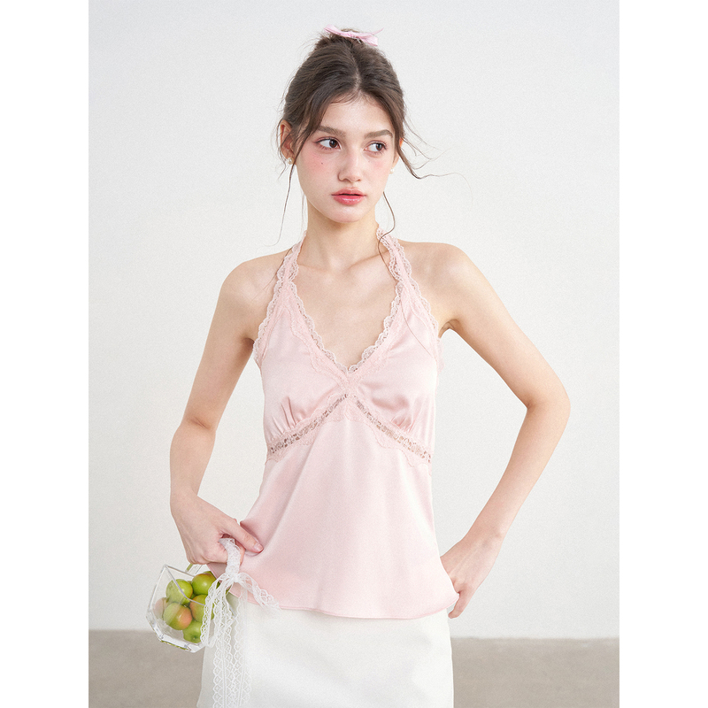 Sea Salt Sugar Yuju Original High-End Satin Lace Trim V-Neck Halter Neck Pink Tank Top Women's Sleeveless Top Sea Salt Sugar Yuju Original High-End Satin Lace Trim V-Neck Halter Neck Pink Tank Top Women's Sleeveless Top