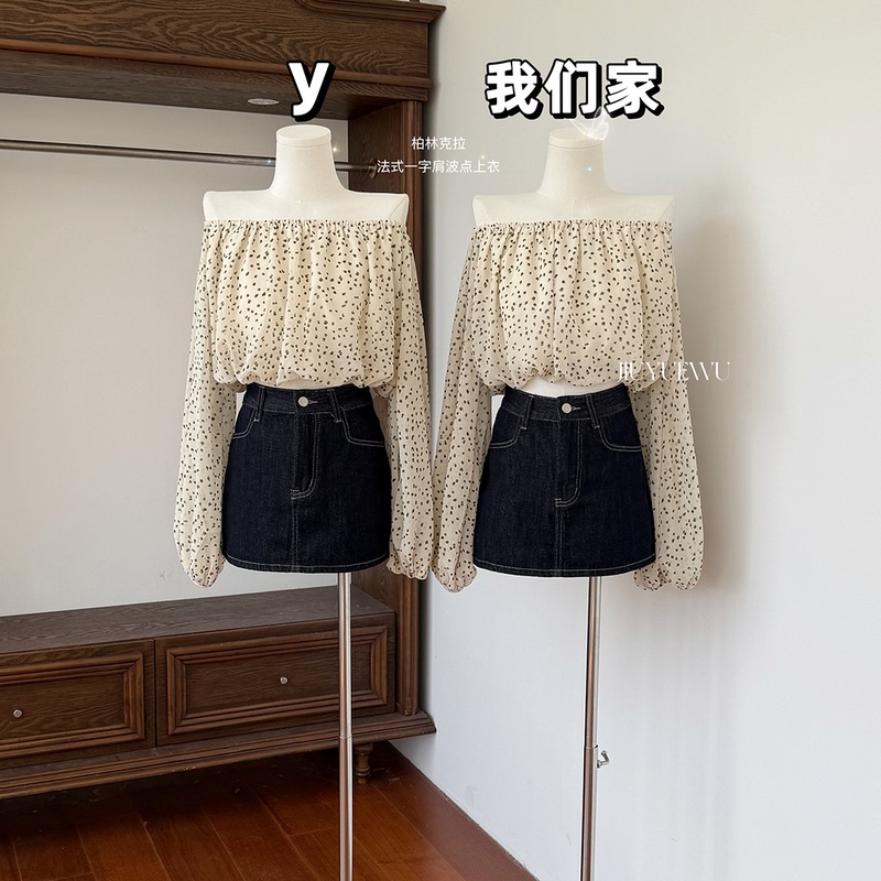 Jiuyuewu Berlin Clara French-Style Off-Shoulder Polka Dot Top for Women, 2026 Winter New Short Long-Sleeve Blouse