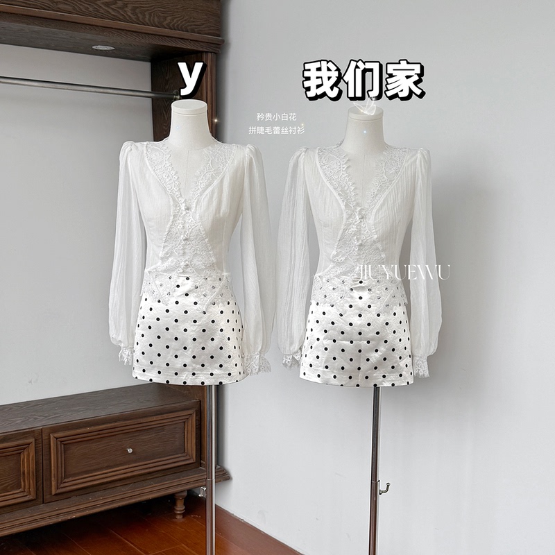 September 5Th, Precious Little White Flower, Tencel Slightly Sheer Shirt, Pure Desire Style with Eyelash Lace Shirt, Slimming Top