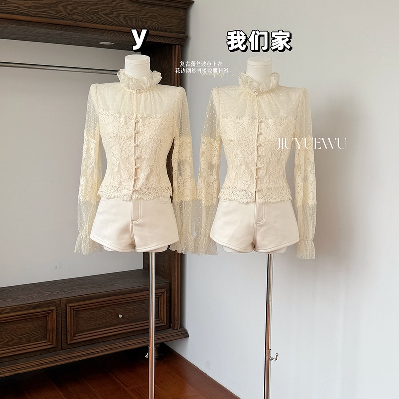 Jiuyuewu [Jade Pearl Fairy] Heavy-Duty Vintage Lace Polka Dot Top, Lace Mesh Patchwork Waist-Cinching Shirt