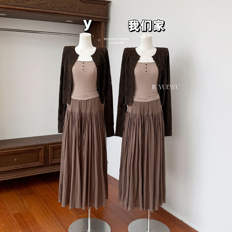 Jiuyuewu Hollow-Out Long-Sleeved Knitted Cardigan Thin Jacket for Women + Knitted Camisole + Skirt Pants