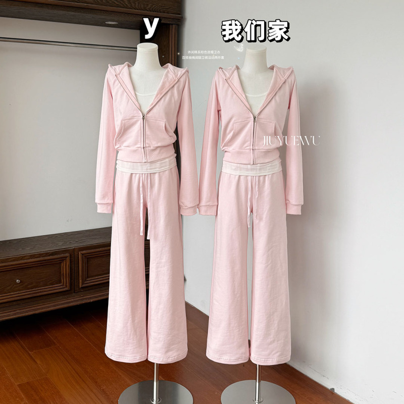 Jiuyuewu Casual Korean-Style Pink Hooded Sweatshirt for Women, Versatile Drawstring Wide-Leg Sweatpants, Sports Two-Piece Set for Spring and Autumn