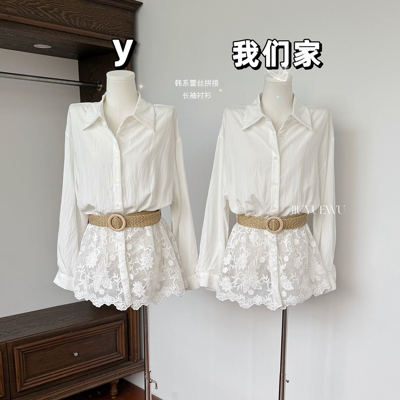 Korean-Style White Lace Spliced Linen Long-Sleeved Shirt for Women, French-Style Top with Belt, 2026 Spring New Model