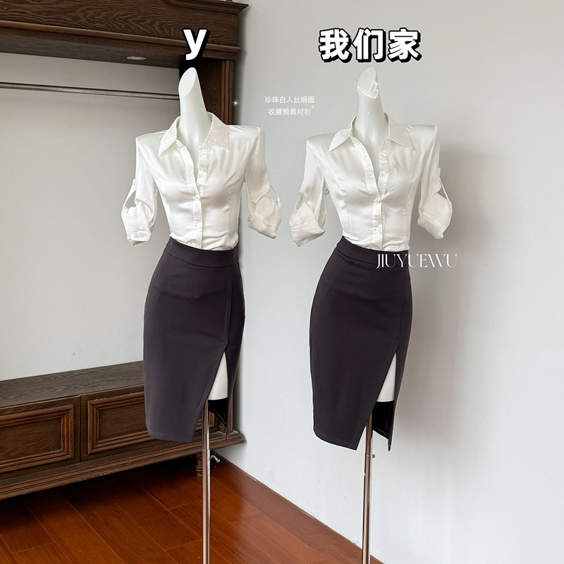 September Five Showa Girl Pearl White Silk Satin Waist-Cinching Cut Shirt Women's Spring/Summer Top