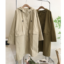 High quality◆~Maternity wear autumn windbreaker British style mid-length hooded drawstring loose jacket trendy mom Korean version