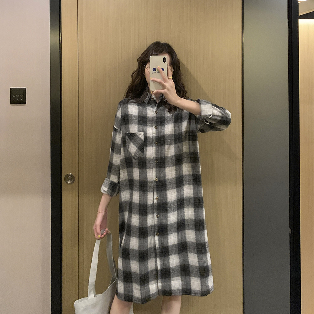 Pregnant woman Spring loaded foreign dress Long sleeves Pregnancy Cotton Linen Medium Long Version Casual Spring Summer Checkered Cardiovert Hooded Jacket