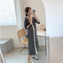 Maternity Autumn Clothing Contrast Color Long Sweater Cardigan Jacket New Hepburn Style V-Neck Unique Design Knitted Dress