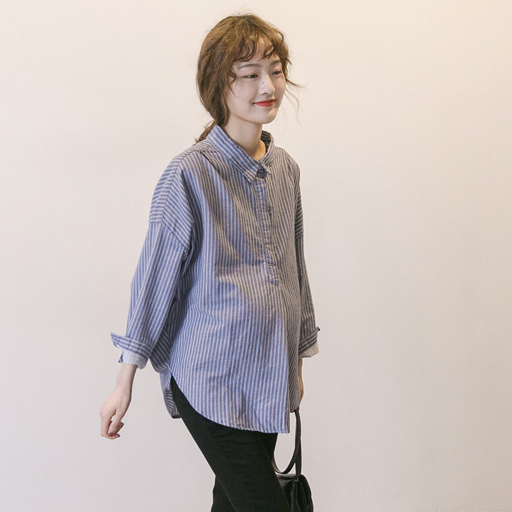 Pregnant Woman Spring Clothing Pure Cotton Korean Version Long Sleeve Spring Summer Outside Wearing Blouse Shirt Stripe Pregnancy Boomer Professional Temperament Shirt