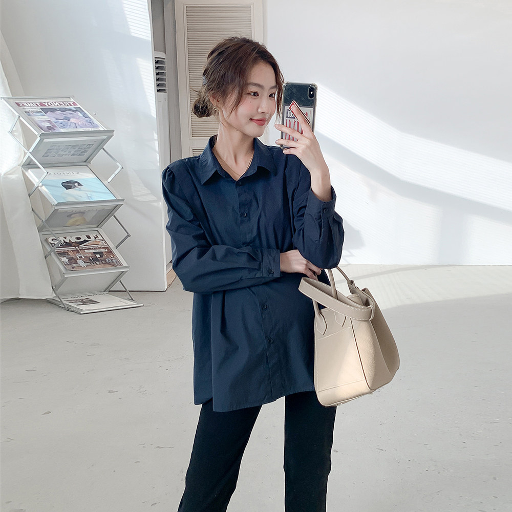 Port Winds don't cause ~ pregnant women shirts spring and autumn season French style retro senior feeling little crowdhit bottom long sleeve boomer clothes-Taobao