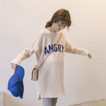 Pregnant womans autumn clothing T-shirt pure cotton long sleeve one-piece dress South Korean casual loose fashion The long pregnant womans clothing