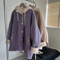 Customized western style and warm ~ Pregnant womens autumn and winter velvet coat Korean style lamb wool hoodie loose cardigan trendy mom