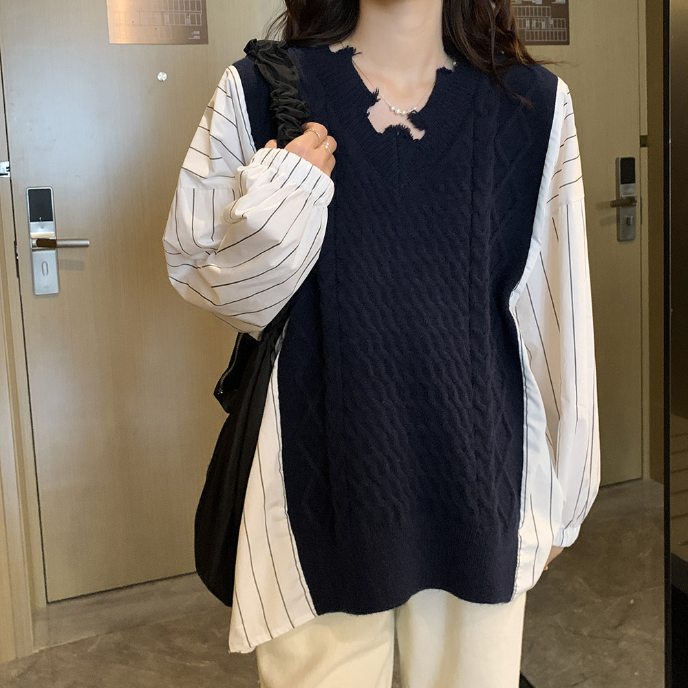 Sweater and striped shirt~Fashion personality stitching maternity shirt spring and autumn net red fried street tide mom go out clothes