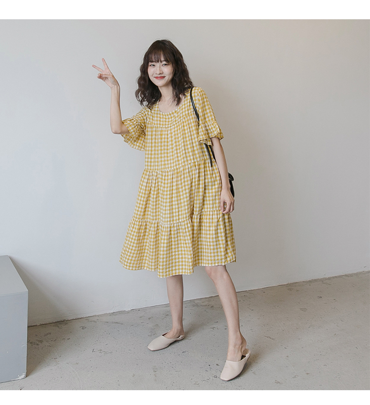 Váy bà bầu mùa hè thời trang phong cách giản dị Outing cho con bú cotton và vải lanh kẻ sọc ngắn tay váy dài mùa hè - Áo thai sản váy bầu thu đông
