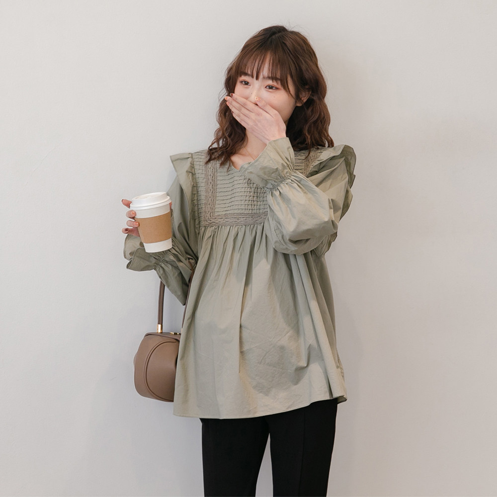 Fashion Fly Cuff ~ 2022 Spring Autumn Dress New Gestational Woman Dress Short blouses pure color Chauma Long sleeves sweet and beautiful shirt tide