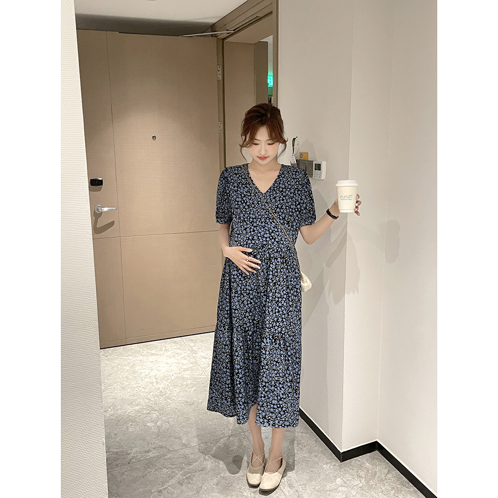 Gentle Wind Fasten Fancy Dress Pregnancy Woman dress 2022 Summer temperament Lean Tide Mommy Sweet and Less Sleeveless Short Sleeves Skirt