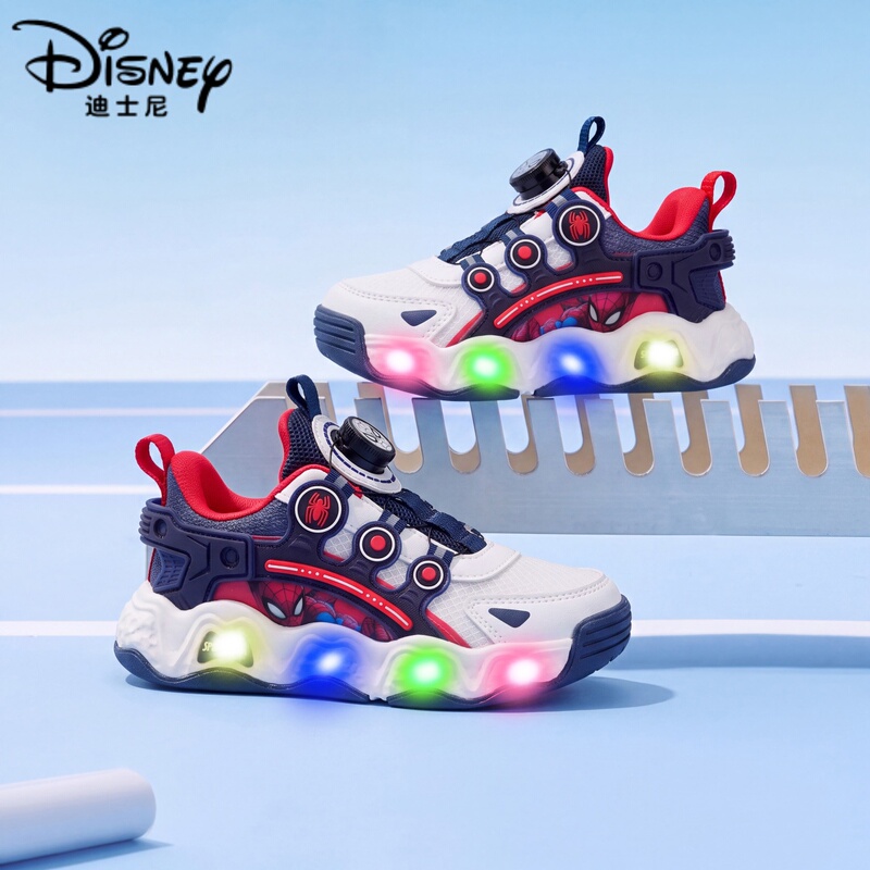 Disney Spider-Man Boys' Light-Up Shoes, New Spring and Autumn Mesh Breathable Button-Up Glowing Children's Sports Shoes
