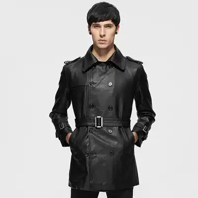 2020 Spring and Autumn belt double-breasted leather windbreaker men's medium and long version of leather clothing youth Korean slim trend handsome coat