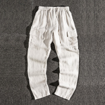 Linen trousers mens autumn trousers casual tooling elastic drawdown straight trousers Chinese style loose hemp pants