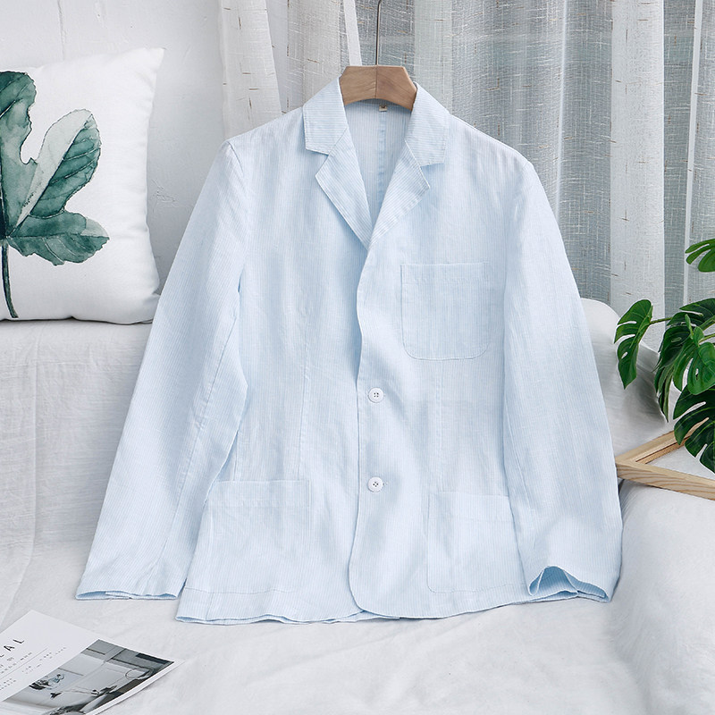 Linen small suit men 2021 spring and summer new cotton linen literary leisure thin stripe comfortable single suit jacket
