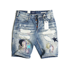 Thin section ripped denim shorts men embroidery trend beggar pants breeches summer large size loose youth five-point pants