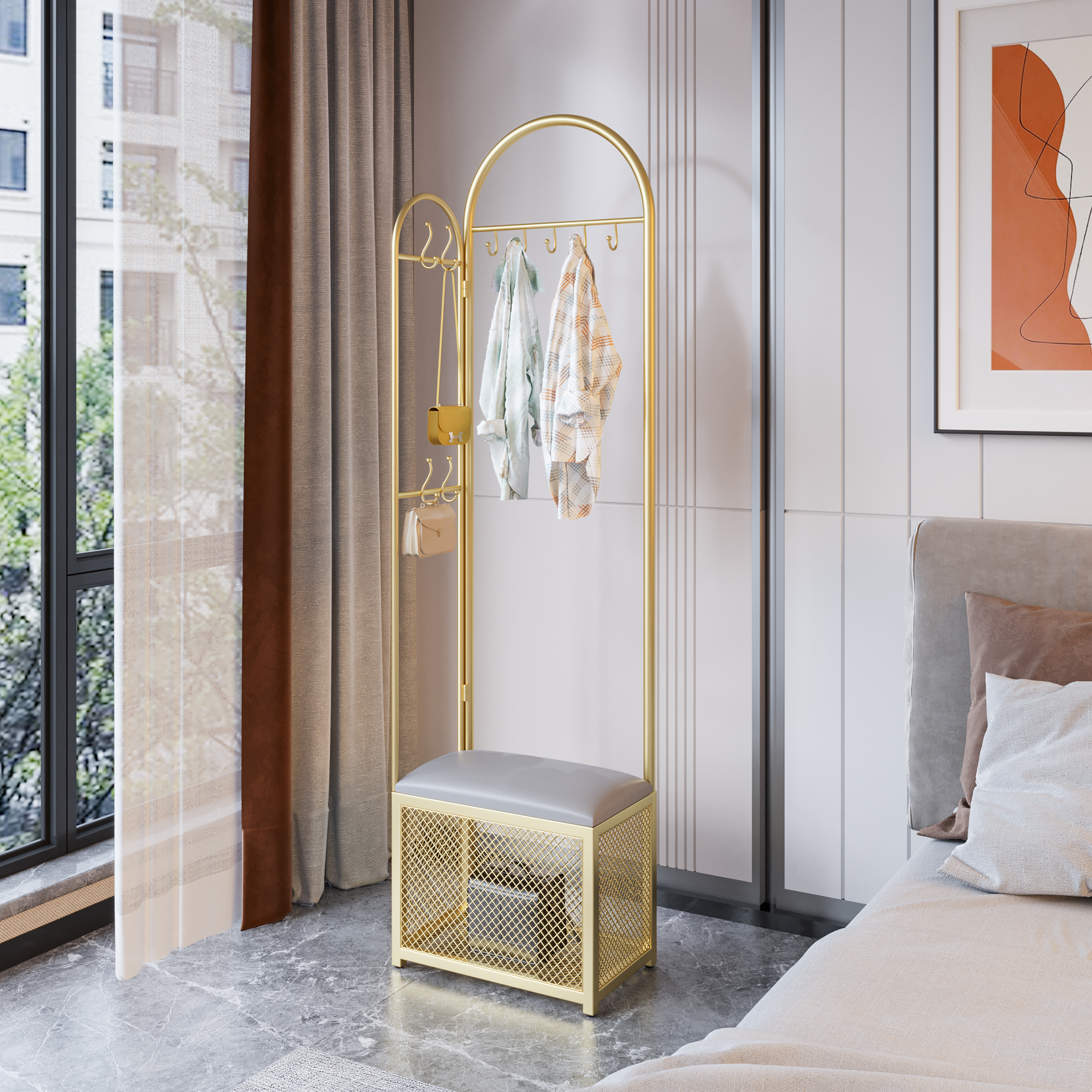 Nordic bedroom clothes landing household with simple modern collection of clothes shelves simple light luxury cap frame red