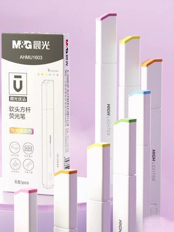 Morning Light Fluorescent Pen with Square Barrel and Soft Tip, Marker Pen for Students, Colorful Highlighter for Marking Key Points, Aesthetically Pleasing Bright Colors, Dedicated Fluorescent Marker for Note-Taking, Large Capacity Journaling Marker