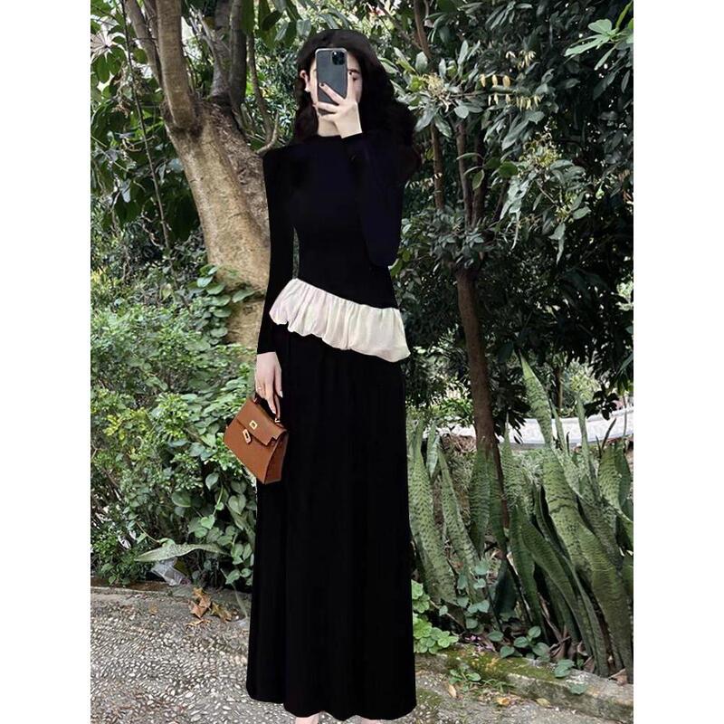 Ddk/High-End Velvet Long-Sleeve Dress for Women, Autumn Niche Design, Waist-Cinching, Slimming, Elegant Two-Piece Long Dress