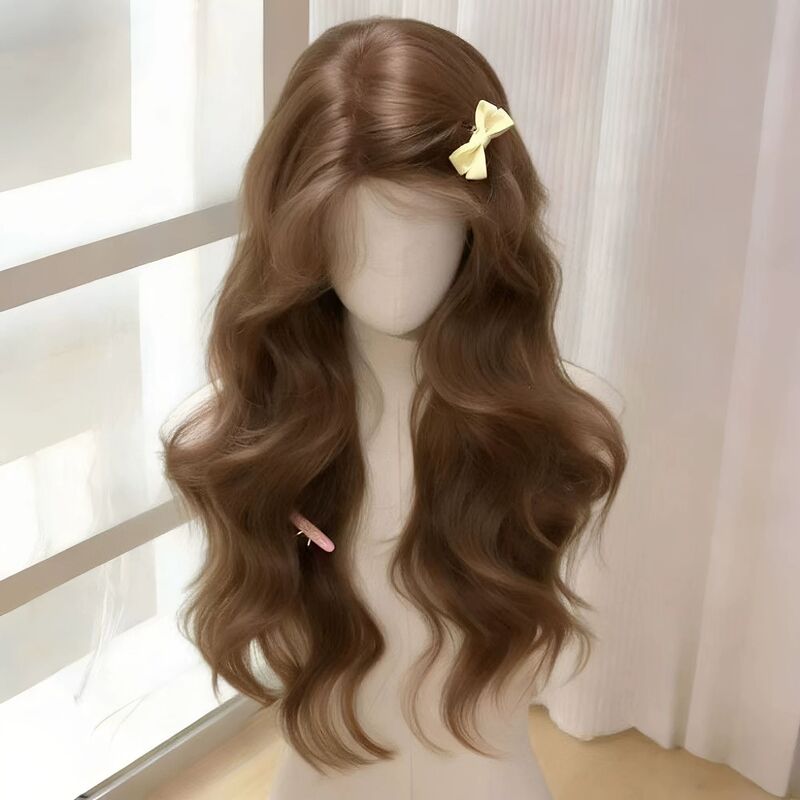 [Sweetheart Kitten] Wig for Women, Cool Brown, Large Side Part, Long Curly Hair, Lolita Style, Everyday Big Waves, Full Head Wig