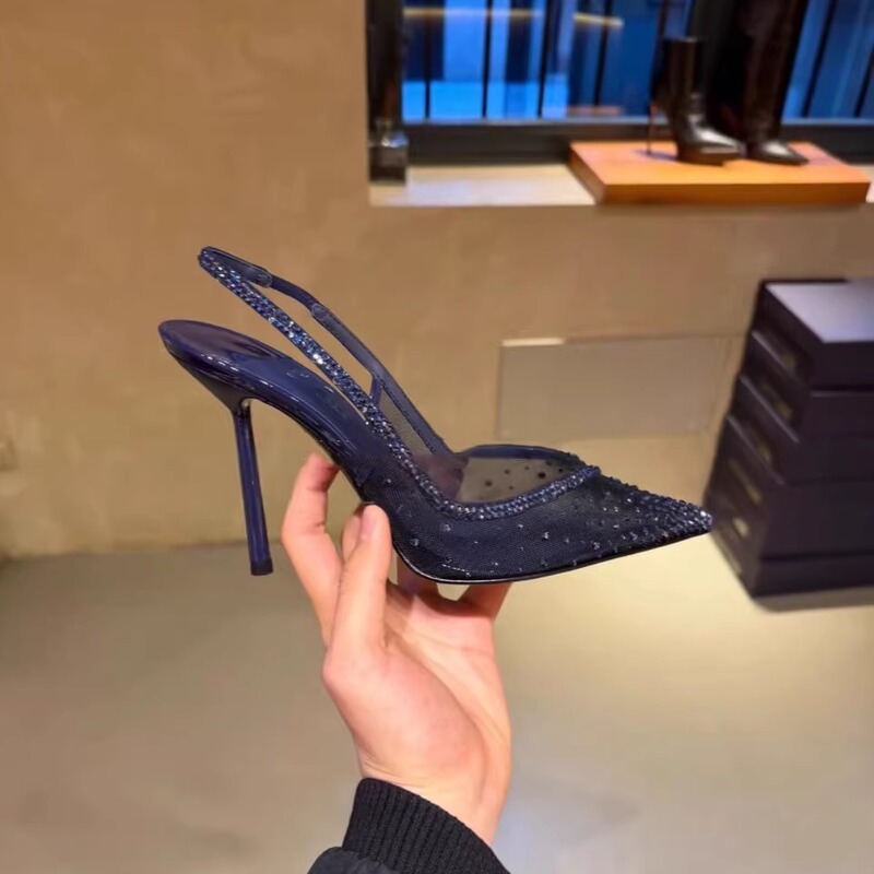 26 Spring New Style Blue Mesh Rhinestone Pointed Toe Crystal Stiletto Sandals Open Back Sexy Party Shoes Women's Shoes