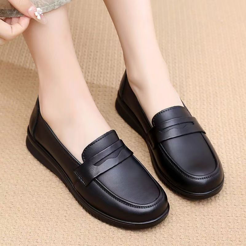 Genuine Leather Non-Slip Work Shoes for Women, Black Flat Shoes, Kitchen Work Shoes, Soft-Soled Mom Shoes, Comfortable for Long Standing