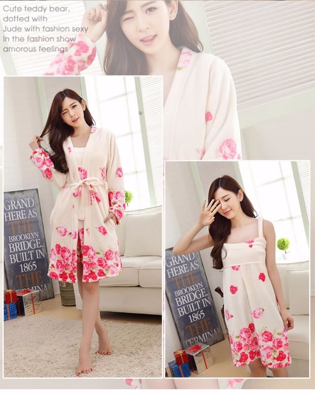 Đồ lót nhung san hô nữ mùa đông dày áo choàng tắm đêm váy hai bộ đồ flannel dễ thương áo choàng bò đồ ngủ xuyên thấu