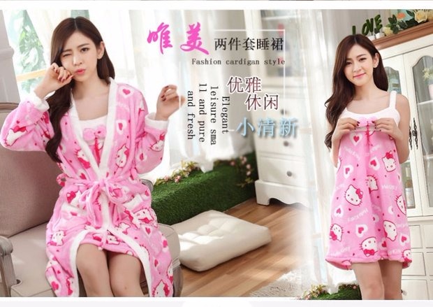 Đồ lót nhung san hô nữ mùa đông dày áo choàng tắm đêm váy hai bộ đồ flannel dễ thương áo choàng bò đồ ngủ xuyên thấu