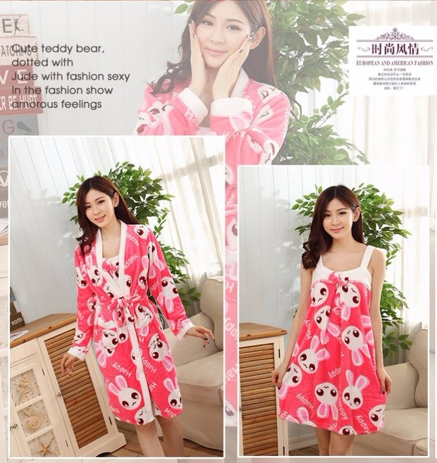 Đồ lót nhung san hô nữ mùa đông dày áo choàng tắm đêm váy hai bộ đồ flannel dễ thương áo choàng bò đồ ngủ xuyên thấu