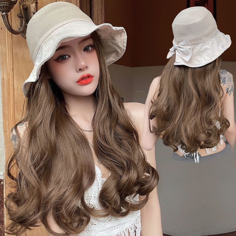 Wig hat female summer fashion fisherman hat long curly hair one net red sunshade sun hat hat with hair