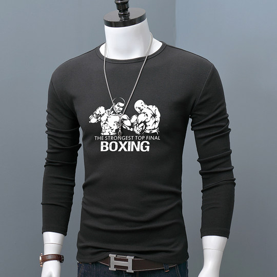 长袖T恤圆领男青年棉质百搭打底衫简约修身弹力体恤潮流印花青春