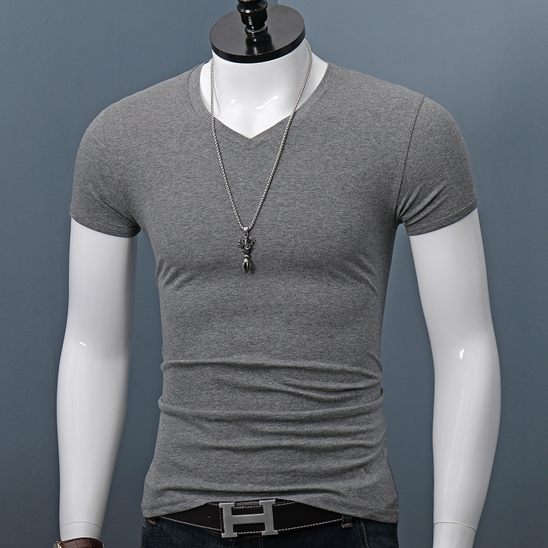 Pure Cotton V-Neck Short-Sleeve T-Shirt for Men, Summer, Large Size, Slim Fit, Solid Color, Versatile, Simple Top, Youth Half-Sleeve Base Layer, Trendy