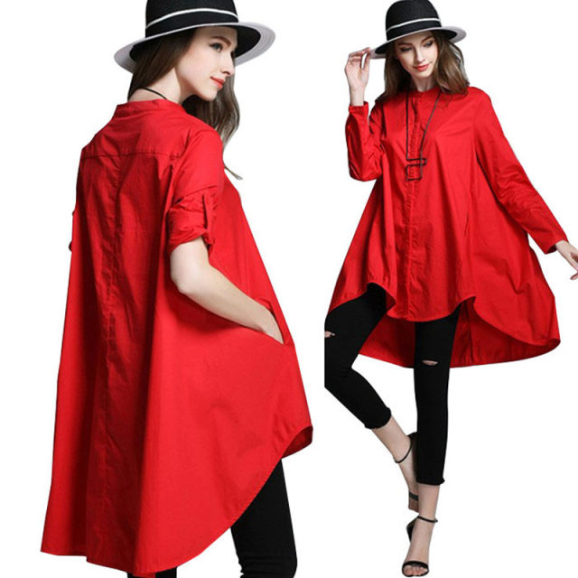 European and American fashionable and handsome 2024 spring and autumn new style red Korean long-sleeved tops plus size women's loose stand-up collar shirts