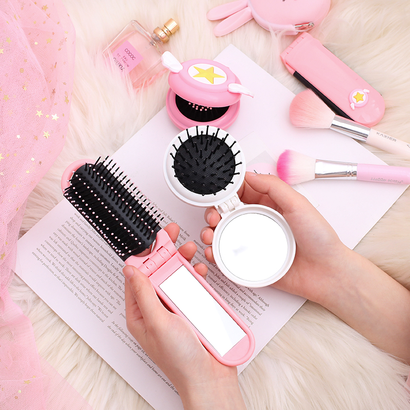 Flip-style folding massage Comb Teen Air Bag Comb Mini portable beauty hair dresser Mirror Makeup double-use