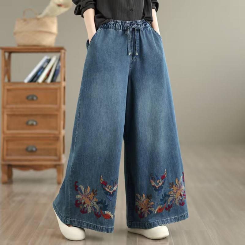 Discount~ New Ethnic Style Heavy Embroidery Floral Loose Lace-Up Straight Wide-Leg Jeans for Spring and Summer in Foreign Trade